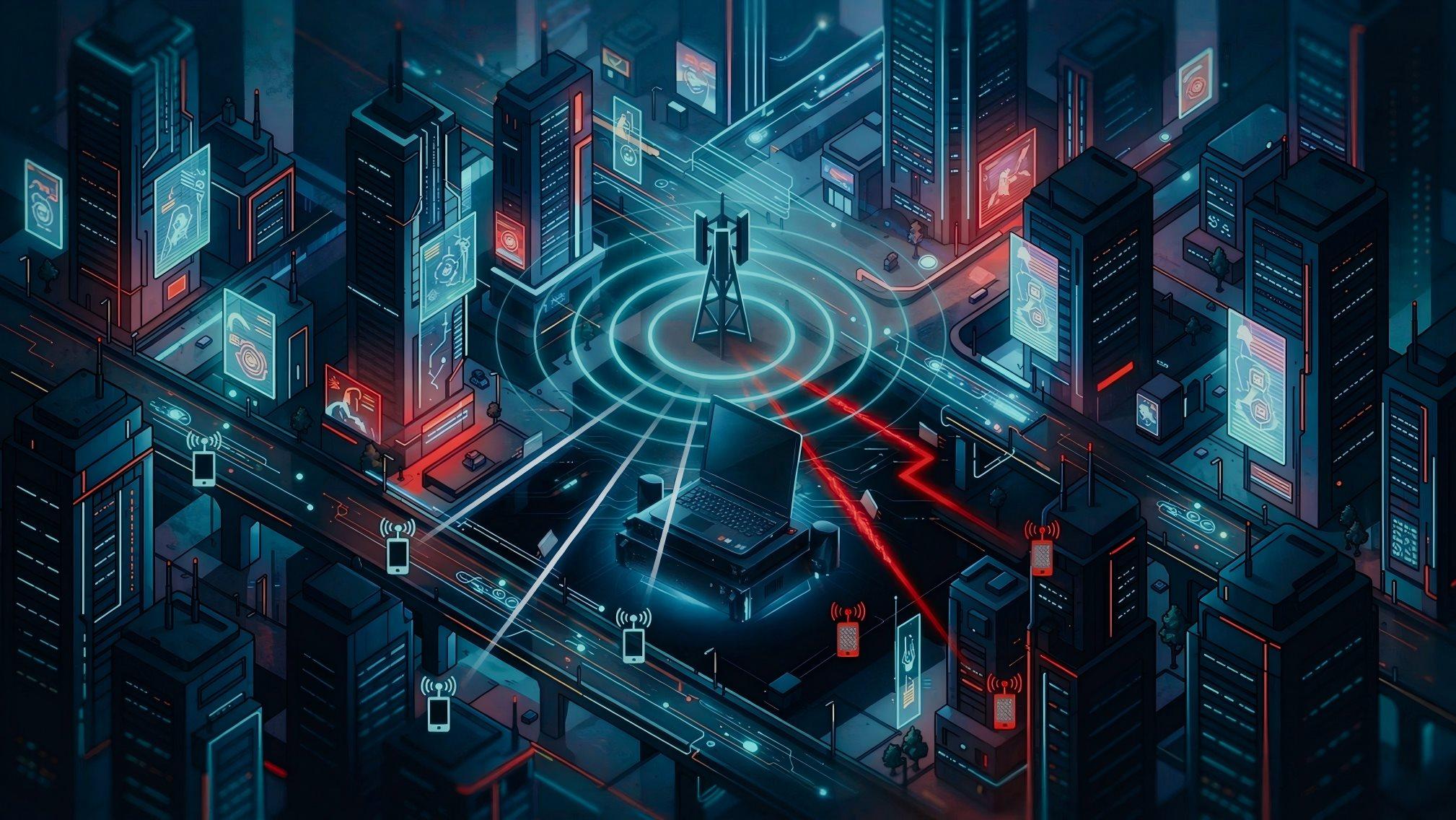 Active Interception System workflow diagram showing fake‑BTS man‑in‑middle logic, target mobile terminal, legitimate public BTS and operator control terminal signal interaction.